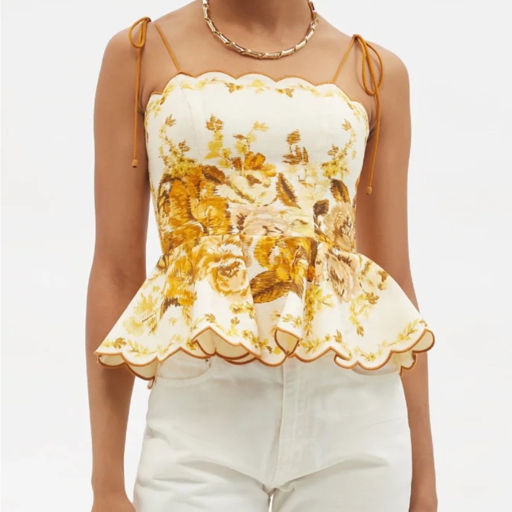 Zimmerman Aliane Scallop Floral- Print Linen Peplum Top NWT Size 1